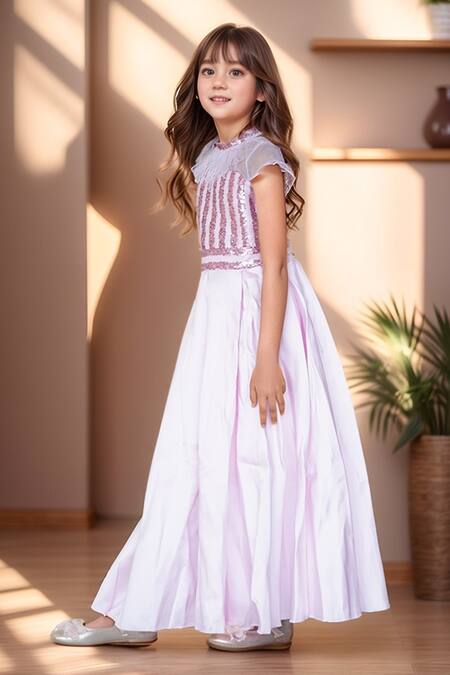 Buy_Petite Pomme_Pink Silk, Cotton Sequins, Fringe Embroidered Gown _Online_at_Aza_Fashions