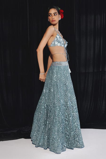 Shop Twenty Nine Blue Net Embroidery, Mirrors, Fabric Flowers Sweetheart Neck Bloom Lehenga Set at Aza Fashions Shop_Twenty Nine_Blue Net Embroidery, Mirrors, Fabric Flowers Sweetheart Neck Bloom Lehenga Set _at_Aza_Fashions