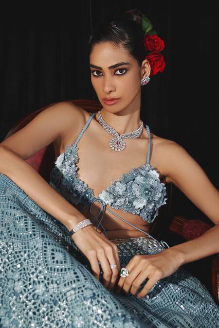 Buy Twenty Nine Blue Net Embroidery, Mirrors, Fabric Flowers Sweetheart Neck Bloom Lehenga Set Online at Aza Fashions Buy_Twenty Nine_Blue Net Embroidery, Mirrors, Fabric Flowers Sweetheart Neck Bloom Lehenga Set _Online_at_Aza_Fashions