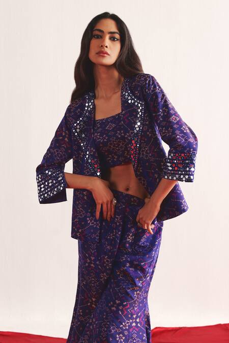 Twenty Nine Purple Silk Mirrors Patola Pattern Blazer And Bootcut Pant Set Online at Aza Fashions Twenty Nine_Purple Silk Mirrors Patola Pattern Blazer And Bootcut Pant Set _Online_at_Aza_Fashions