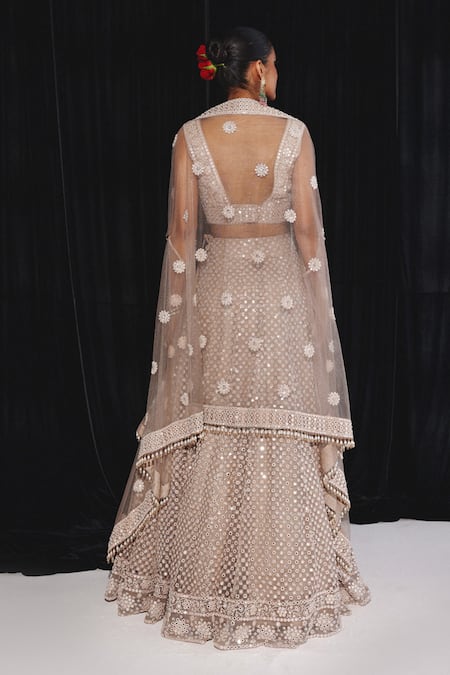 Shop Twenty Nine Gold Net Mirrors, Beads Square Neck Bloom Buti Embroidered Cape And Lehenga Set at Aza Fashions Shop_Twenty Nine_Gold Net Mirrors, Beads Square Neck Bloom Buti Embroidered Cape And Lehenga Set _at_Aza_Fashions