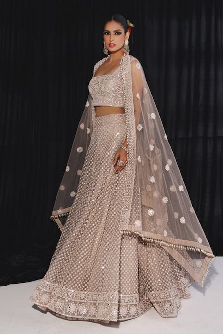 Shop Twenty Nine Gold Net Mirrors, Beads Square Neck Bloom Buti Embroidered Cape And Lehenga Set Online at Aza Fashions Shop_Twenty Nine_Gold Net Mirrors, Beads Square Neck Bloom Buti Embroidered Cape And Lehenga Set _Online_at_Aza_Fashions