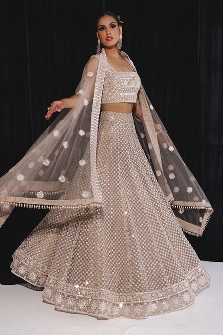 Buy Twenty Nine Gold Net Mirrors, Beads Square Neck Bloom Buti Embroidered Cape And Lehenga Set Buy_Twenty Nine_Gold Net Mirrors, Beads Square Neck Bloom Buti Embroidered Cape And Lehenga Set