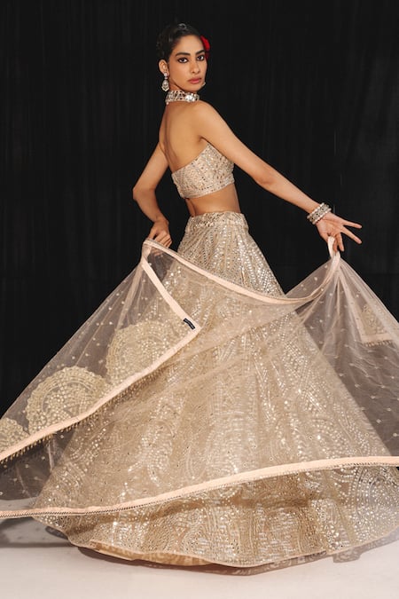 Buy Twenty Nine Peach Tissue Mirrors, Beads Halter Neck Paisley Jaal Embroidered Set Online at Aza Fashions Buy_Twenty Nine_Peach Tissue Mirrors, Beads Halter Neck Paisley Jaal Embroidered Set _Online_at_Aza_Fashions