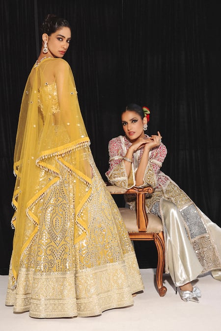 Buy Twenty Nine Gold Tissue Pearls, Embroidery, Fabric Flowers Mirror Cape And Lehenga Set Online at Aza Fashions Buy_Twenty Nine_Gold Tissue Pearls, Embroidery, Fabric Flowers Mirror Cape And Lehenga Set _Online_at_Aza_Fashions