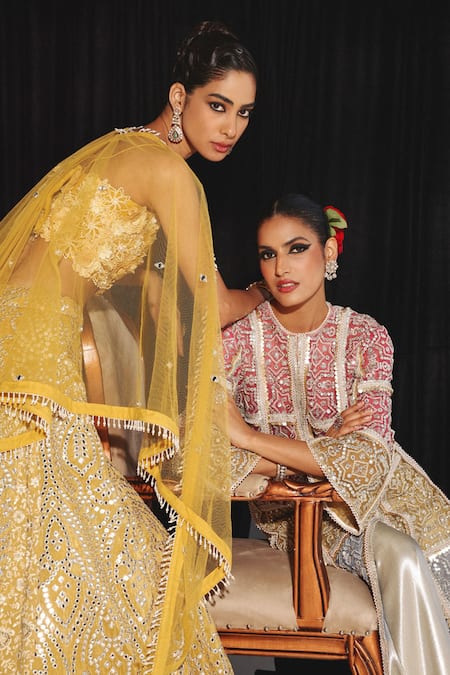 Shop Twenty Nine Gold Tissue Pearls, Embroidery, Fabric Flowers Mirror Cape And Lehenga Set Online at Aza Fashions Shop_Twenty Nine_Gold Tissue Pearls, Embroidery, Fabric Flowers Mirror Cape And Lehenga Set _Online_at_Aza_Fashions