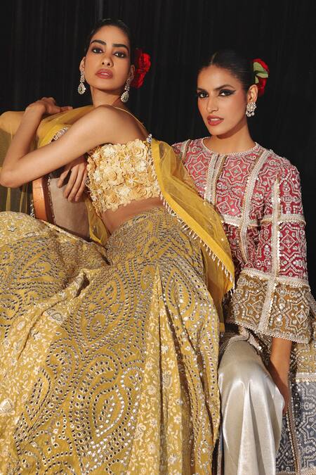 Twenty Nine Gold Tissue Pearls, Embroidery, Fabric Flowers Mirror Cape And Lehenga Set at Aza Fashions Twenty Nine_Gold Tissue Pearls, Embroidery, Fabric Flowers Mirror Cape And Lehenga Set _at_Aza_Fashions