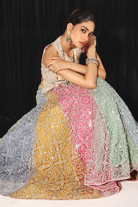 Twenty Nine_Multi Color Tulle Mirrors, Beads Halter Neck Bloom Work Lehenga And Peplum Blouse _Online_at_Aza_Fashions