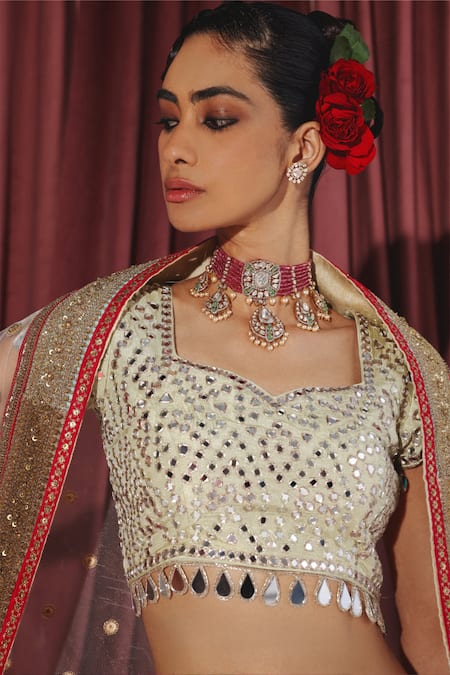 Buy_Twenty Nine_White Brocade Mirrors, Zari Sweetheart Neck Chevron Embroidered Lehenga Set _Online_at_Aza_Fashions