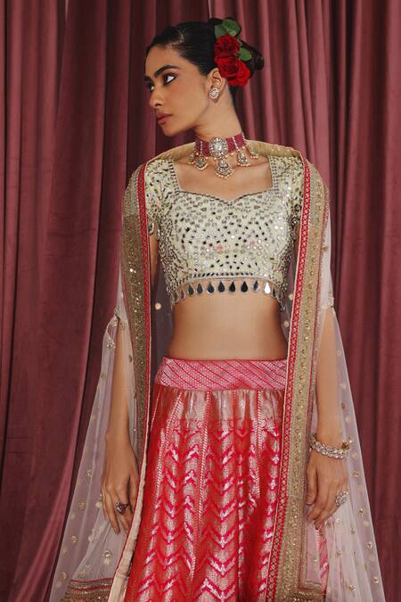 Buy_Twenty Nine_White Brocade Mirrors, Zari Sweetheart Neck Chevron Embroidered Lehenga Set 
