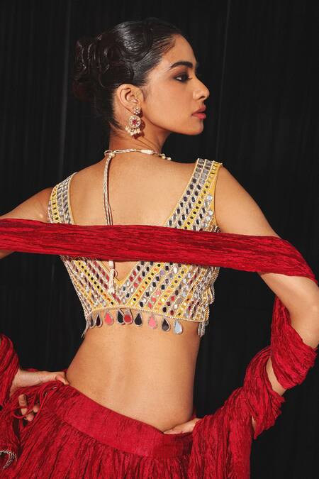 Twenty Nine Red Silk Tassels V-neck Crushed Lehenga Set With Mirror Embroidery Online at Aza Fashions Twenty Nine_Red Silk Tassels V-neck Crushed Lehenga Set With Mirror Embroidery _Online_at_Aza_Fashions