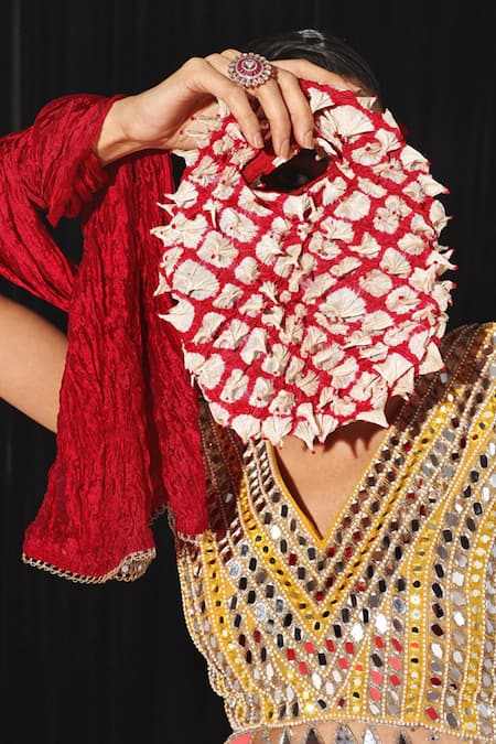 Buy Twenty Nine Red Silk Tassels V-neck Crushed Lehenga Set With Mirror Embroidery Online at Aza Fashions Buy_Twenty Nine_Red Silk Tassels V-neck Crushed Lehenga Set With Mirror Embroidery _Online_at_Aza_Fashions