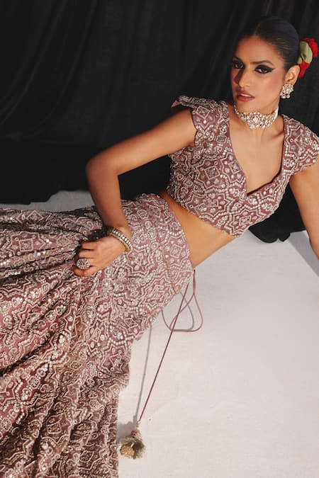 Buy Twenty Nine Wine Tulle Mirrors Spade Bloom Embroidered Cape And Lehenga Set Online at Aza Fashions Buy_Twenty Nine_Wine Tulle Mirrors Spade Bloom Embroidered Cape And Lehenga Set _Online_at_Aza_Fashions