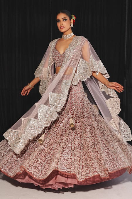 Shop Twenty Nine Wine Tulle Mirrors Spade Bloom Embroidered Cape And Lehenga Set Online at Aza Fashions Shop_Twenty Nine_Wine Tulle Mirrors Spade Bloom Embroidered Cape And Lehenga Set _Online_at_Aza_Fashions
