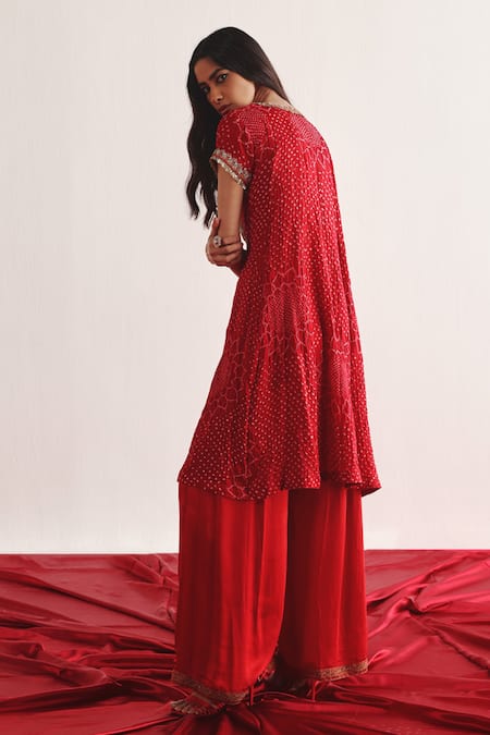 Buy Twenty Nine Red Gingham, Silk Embroidery Round Neck Bandhani Tie Dye Marodi Kurta Set Online at Aza Fashions Buy_Twenty Nine_Red Gingham, Silk Embroidery Round Neck Bandhani Tie Dye Marodi Kurta Set _Online_at_Aza_Fashions