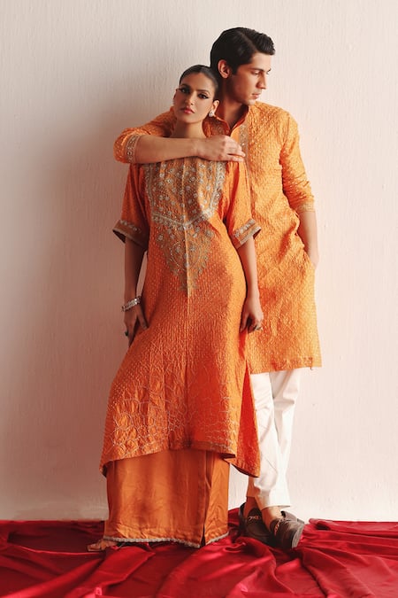 Buy Twenty Nine Orange Silk Embroidery Round Neck Crushed Raidana Bandhani Kurta Set Online at Aza Fashions Buy_Twenty Nine_Orange Silk Embroidery Round Neck Crushed Raidana Bandhani Kurta Set _Online_at_Aza_Fashions