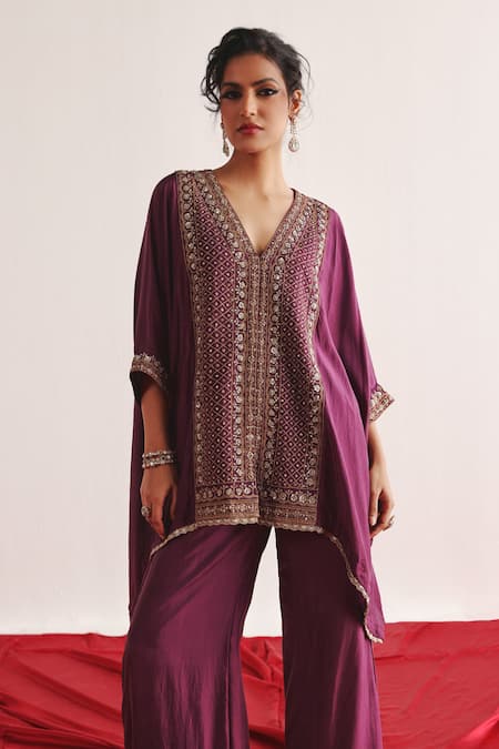 Twenty Nine_Purple Silk Embroidery Plunge Neck Marodi Kaftan And Palazzo Set _Online_at_Aza_Fashions