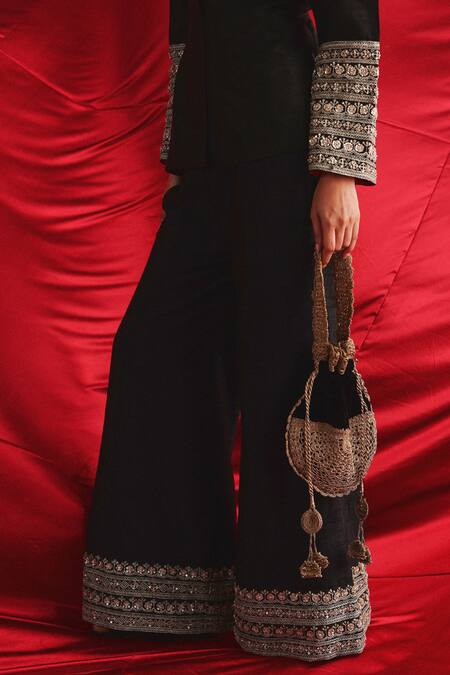 Buy Twenty Nine Black Silk Embroidery Collared Marodi Cuff Jacket And Palazzo Set Online at Aza Fashions Buy_Twenty Nine_Black Silk Embroidery Collared Marodi Cuff Jacket And Palazzo Set _Online_at_Aza_Fashions