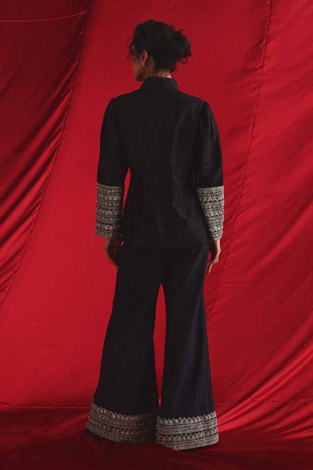 Twenty Nine Black Silk Embroidery Collared Marodi Cuff Jacket And Palazzo Set Online at Aza Fashions Twenty Nine_Black Silk Embroidery Collared Marodi Cuff Jacket And Palazzo Set _Online_at_Aza_Fashions