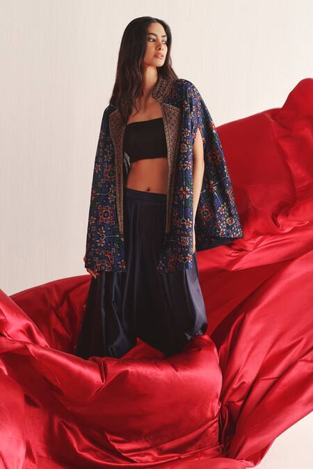 Twenty Nine Blue Silk Embroidery Round Neck Patola Cape And Dhoti Pant Set at Aza Fashions Twenty Nine_Blue Silk Embroidery Round Neck Patola Cape And Dhoti Pant Set _at_Aza_Fashions