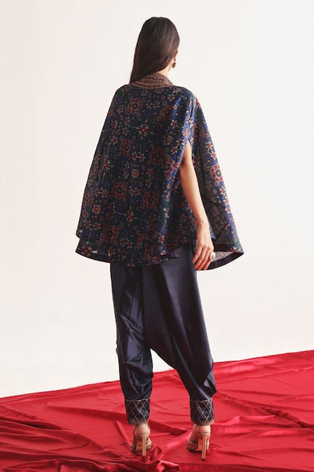 Shop Twenty Nine Blue Silk Embroidery Round Neck Patola Cape And Dhoti Pant Set at Aza Fashions Shop_Twenty Nine_Blue Silk Embroidery Round Neck Patola Cape And Dhoti Pant Set _at_Aza_Fashions