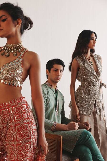 Buy Twenty Nine Red Tulle Embroidery Open Neck Mirror Fleur Cape Jacket Online at Aza Fashions Buy_Twenty Nine_Red Tulle Embroidery Open Neck Mirror Fleur Cape Jacket _Online_at_Aza_Fashions