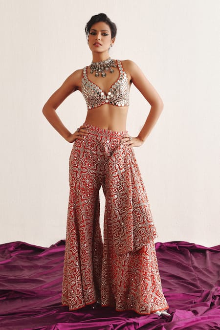 Shop Twenty Nine Red Tulle Embroidery Open Neck Mirror Fleur Cape Jacket Online at Aza Fashions Shop_Twenty Nine_Red Tulle Embroidery Open Neck Mirror Fleur Cape Jacket _Online_at_Aza_Fashions