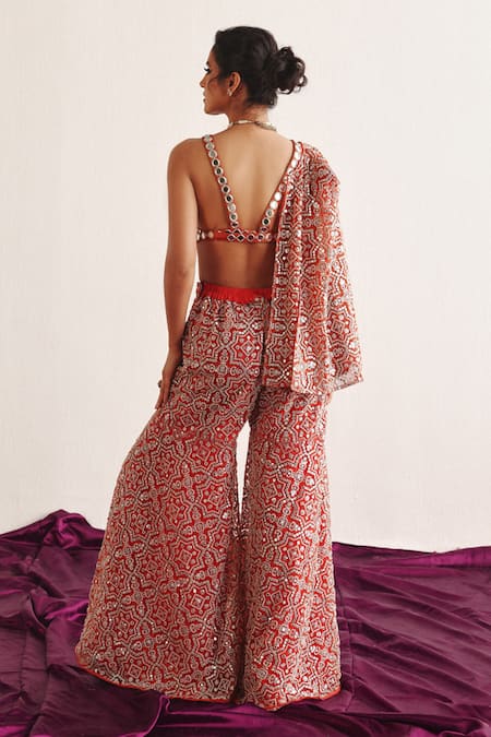 Twenty Nine Red Tulle Embroidery Open Neck Mirror Fleur Cape Jacket Online at Aza Fashions Twenty Nine_Red Tulle Embroidery Open Neck Mirror Fleur Cape Jacket _Online_at_Aza_Fashions