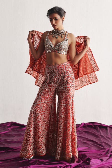 Twenty Nine Red Tulle Embroidery Open Neck Mirror Fleur Cape Jacket at Aza Fashions Twenty Nine_Red Tulle Embroidery Open Neck Mirror Fleur Cape Jacket _at_Aza_Fashions