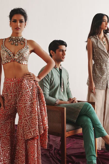 Buy Twenty Nine Red Tulle Embroidery Open Neck Mirror Fleur Cape Jacket Buy_Twenty Nine_Red Tulle Embroidery Open Neck Mirror Fleur Cape Jacket