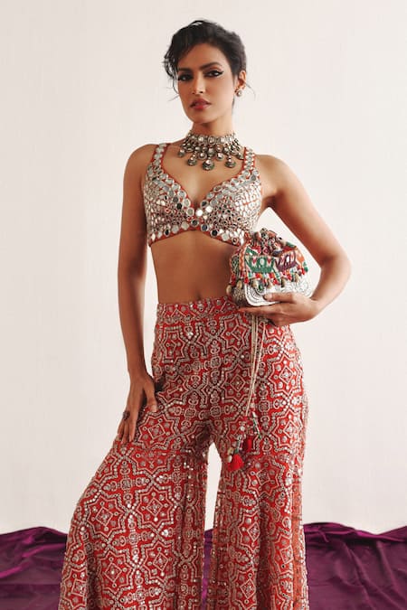 Shop Twenty Nine Red Tulle Embroidery Open Neck Mirror Fleur Cape Jacket Shop_Twenty Nine_Red Tulle Embroidery Open Neck Mirror Fleur Cape Jacket