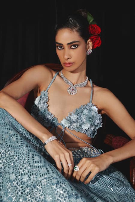 Twenty Nine Blue Net Embroidery Sweetheart Neck 3d Bloom Embellished Bralette Online at Aza Fashions Twenty Nine_Blue Net Embroidery Sweetheart Neck 3d Bloom Embellished Bralette _Online_at_Aza_Fashions