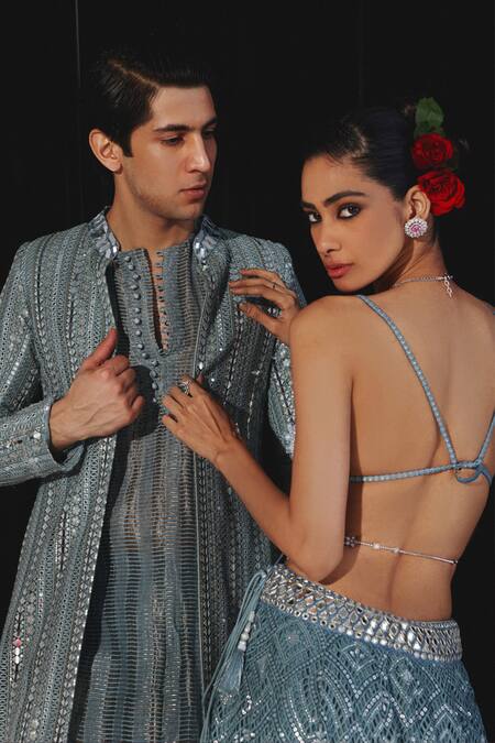 Twenty Nine Blue Net Embroidery Sweetheart Neck 3d Bloom Embellished Bralette at Aza Fashions Twenty Nine_Blue Net Embroidery Sweetheart Neck 3d Bloom Embellished Bralette _at_Aza_Fashions