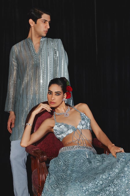 Buy Twenty Nine Blue Net Embroidery Sweetheart Neck 3d Bloom Embellished Bralette Buy_Twenty Nine_Blue Net Embroidery Sweetheart Neck 3d Bloom Embellished Bralette