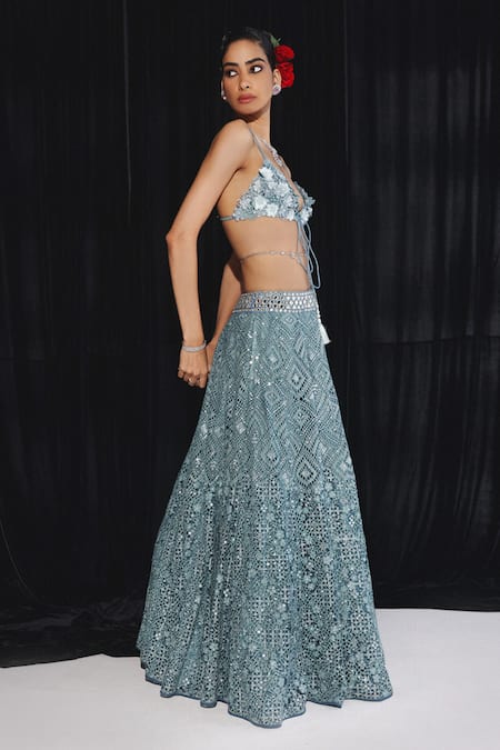 Shop Twenty Nine Blue Net Embroidery Sweetheart Neck 3d Bloom Embellished Bralette at Aza Fashions Shop_Twenty Nine_Blue Net Embroidery Sweetheart Neck 3d Bloom Embellished Bralette _at_Aza_Fashions