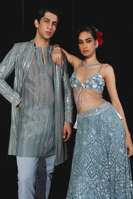 Shop Twenty Nine Blue Net Embroidery Sweetheart Neck 3d Bloom Embellished Bralette Shop_Twenty Nine_Blue Net Embroidery Sweetheart Neck 3d Bloom Embellished Bralette