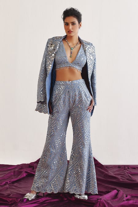 Twenty Nine_Blue Tulle Mirrors, Beads Plunge Neck Fleur Embroidered Blouse _Online_at_Aza_Fashions