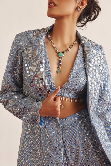 Shop_Twenty Nine_Blue Tulle Mirrors, Beads Plunge Neck Fleur Embroidered Blouse _Online_at_Aza_Fashions