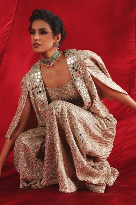 Twenty Nine_Silver Tissue Mirrors, Beads Round Neck Vine Embroidered Blouse _Online_at_Aza_Fashions