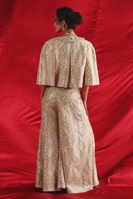 Shop_Twenty Nine_Silver Tissue Mirrors, Beads Round Neck Vine Embroidered Blouse _at_Aza_Fashions