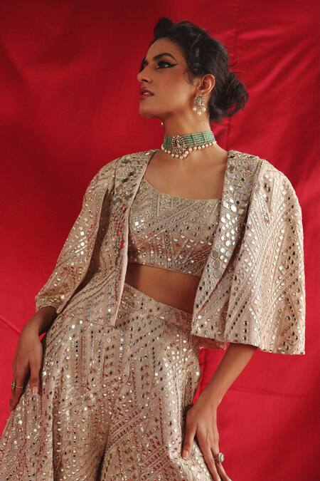 Buy_Twenty Nine_Silver Tissue Mirrors, Beads Round Neck Vine Embroidered Blouse _Online_at_Aza_Fashions