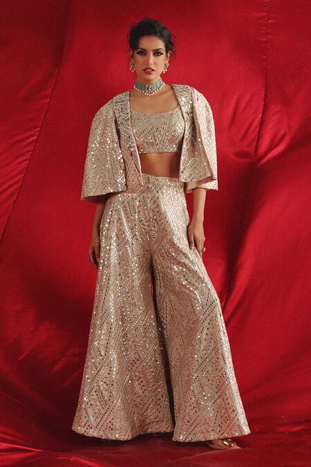 Shop_Twenty Nine_Silver Tissue Mirrors, Beads Round Neck Vine Embroidered Blouse _Online_at_Aza_Fashions