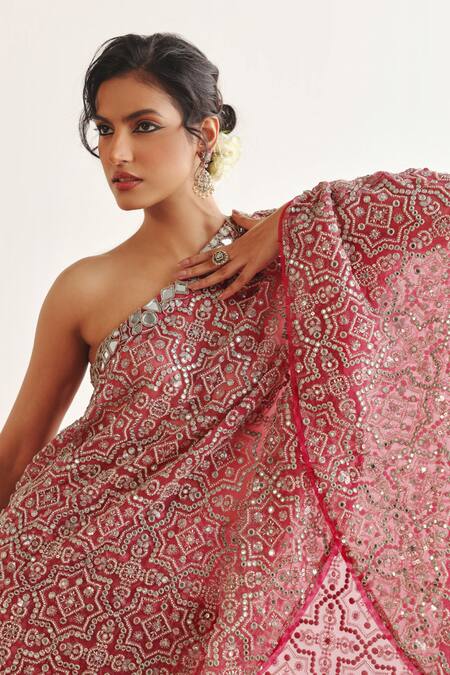 Shop_Twenty Nine_Pink Mirror Embroidered One Shoulder Cape _Online_at_Aza_Fashions