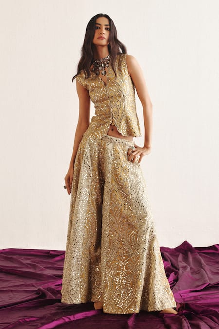 Shop Twenty Nine Yellow Tissue Mirrors, Beads V-neck Bloom Embroidered Gilet Top Online at Aza Fashions Shop_Twenty Nine_Yellow Tissue Mirrors, Beads V-neck Bloom Embroidered Gilet Top _Online_at_Aza_Fashions