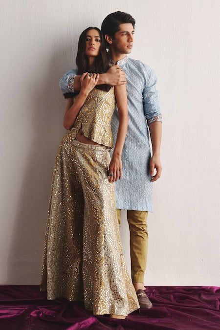 Twenty Nine Yellow Tissue Mirrors, Beads V-neck Bloom Embroidered Gilet Top at Aza Fashions Twenty Nine_Yellow Tissue Mirrors, Beads V-neck Bloom Embroidered Gilet Top _at_Aza_Fashions