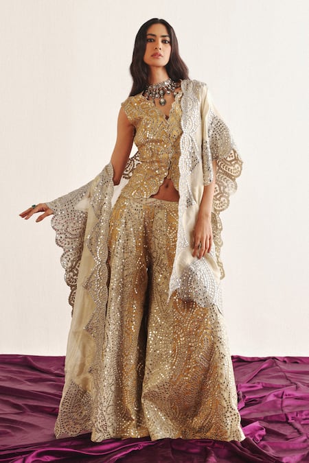 Shop Twenty Nine Yellow Tissue Mirrors, Beads V-neck Bloom Embroidered Gilet Top Shop_Twenty Nine_Yellow Tissue Mirrors, Beads V-neck Bloom Embroidered Gilet Top