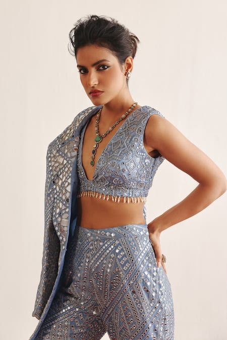 Twenty Nine Blue Tissue Mirrors, Beads Geometric Vine Blazer Online at Aza Fashions Twenty Nine_Blue Tissue Mirrors, Beads Geometric Vine Blazer _Online_at_Aza_Fashions