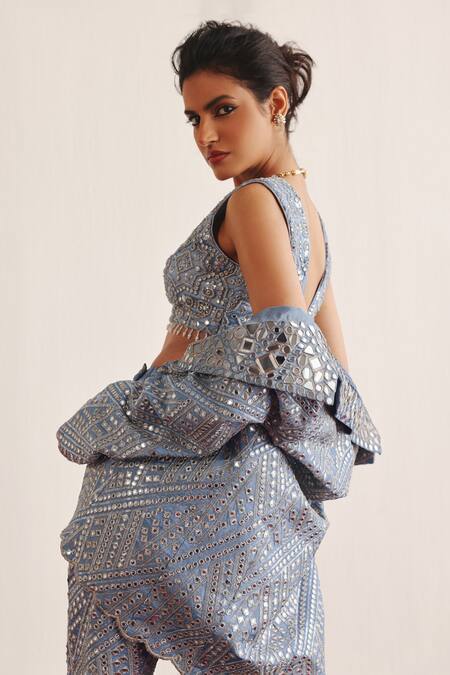 Shop Twenty Nine Blue Tissue Mirrors, Beads Geometric Vine Blazer Online at Aza Fashions Shop_Twenty Nine_Blue Tissue Mirrors, Beads Geometric Vine Blazer _Online_at_Aza_Fashions