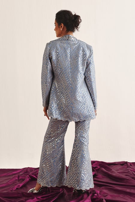 Shop Twenty Nine Blue Tissue Mirrors, Beads Geometric Vine Blazer at Aza Fashions Shop_Twenty Nine_Blue Tissue Mirrors, Beads Geometric Vine Blazer _at_Aza_Fashions