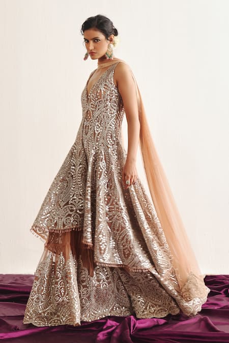 Buy_Twenty Nine_Peach Tissue Mirrors Asymmetric Blossom Embroidered Kurta _Online_at_Aza_Fashions